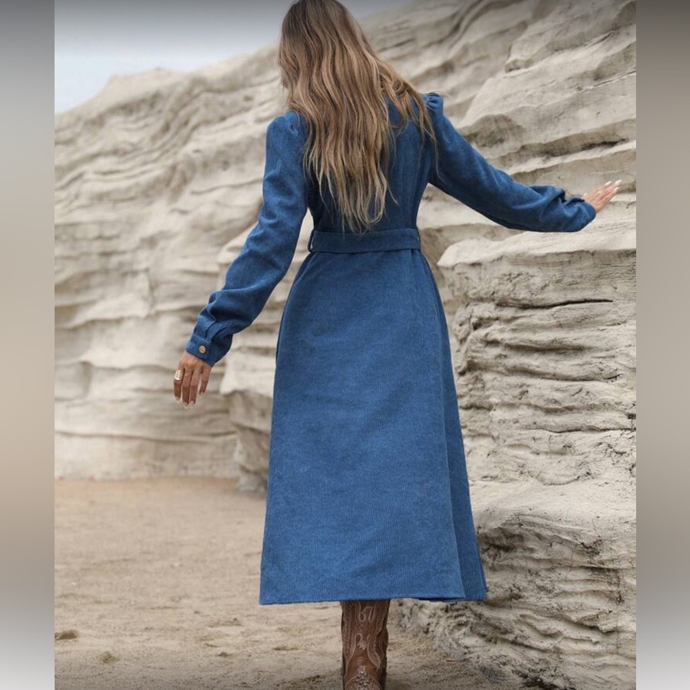 Elegant Blue Belted Button Down Corduroy Dress - Picture 6 of 8